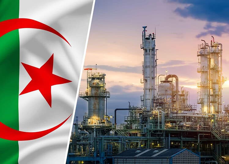 Image d'une plateforme pétrolière en Algérie au coucher du soleil.