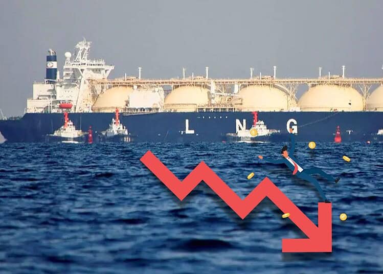 Bateau de GNL en mer avec flèche rouge indiquant une baisse.