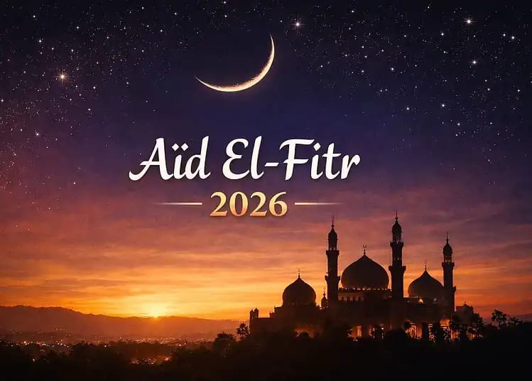 Découvrez la date de l’Aïd-el-Fitr 2026 en Algérie Coucher de soleil avec lune et mosquée pour l'Aïd-el-Fitr 2026.