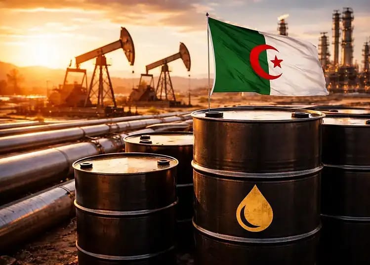 Pétrole : l'Algérie dépasse le million de barils par jour Barils de pétrole avec drapeau algérien dans une zone pétrolière industrielle.
