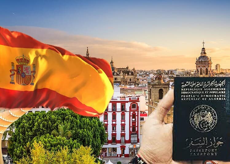 Algérie : arnaque aux fausses offres d'emploi en Espagne Drapeau espagnol et passeport algérien sur fond de ville.