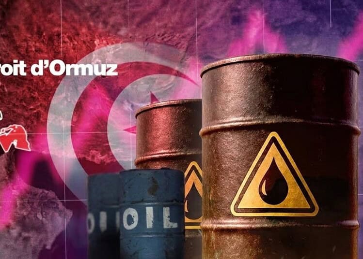 Barils de pétrole avec symbole de danger, crise au Détroit d'Ormuz.