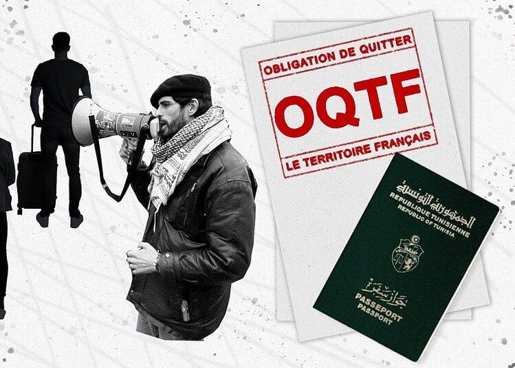 Evasion mystérieuse : un Algérien en OQTF quitte un hôpital en France Homme avec mégaphone et passaports, migration et OQTF en France.
