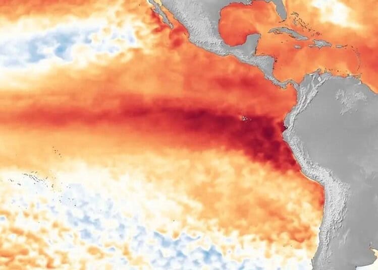 Carte montrant la chaleur océanique liée à El Niño 2026 en Amérique et en Afrique.