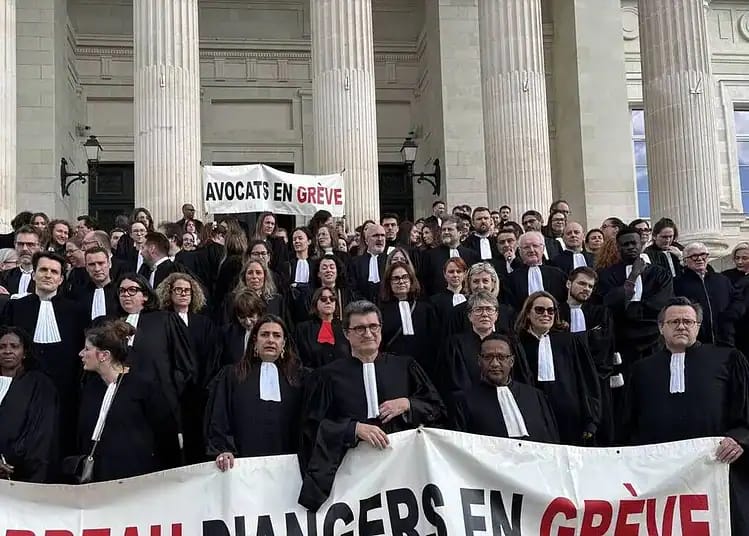 Avocats dénoncent : les défaillances de l'ANEF révélées Avocats en grève devant un bâtiment officiel avec pancartes.