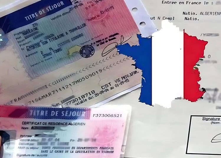 Titres de séjour français avec drapeau français en arrière-plan.