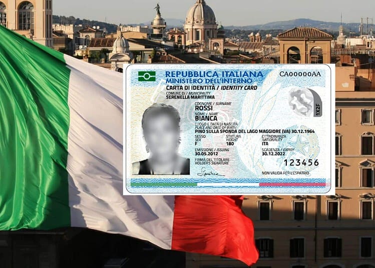Titre de séjour : sa carte de 10 ans et 800 € après recours Carte d'identité italienne sur fond de drapeau italien et ville historique.