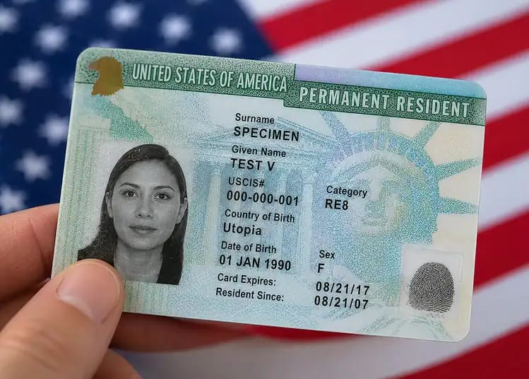 Carte verte américaine avec photo et détails du résident permanent.