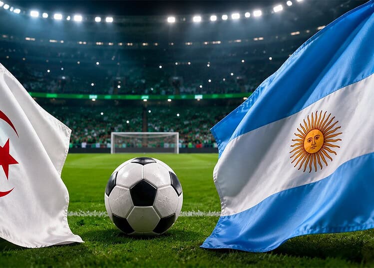 Algérie-Argentine : heure et où voir le choc du Mondial 2026 Drapeaux d'Algérie et d'Argentine sur un terrain de football.