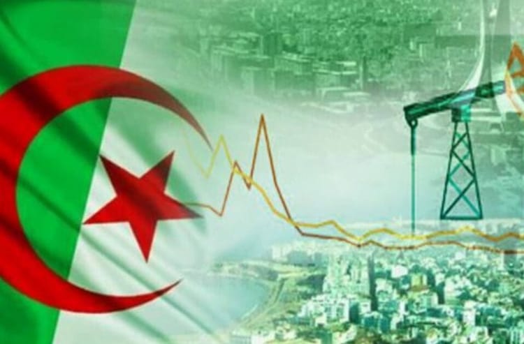 Drapeau algérien avec graphique de déclin économique et infrastructure pétrolière.