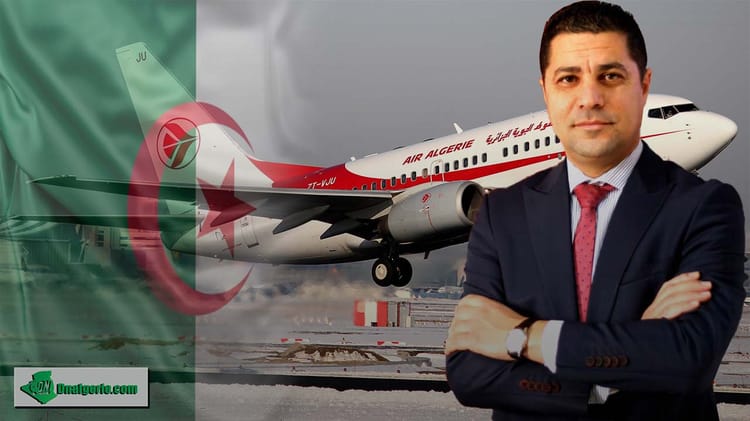 Homme d'affaires devant un avion Air Algérie en arrière-plan.
