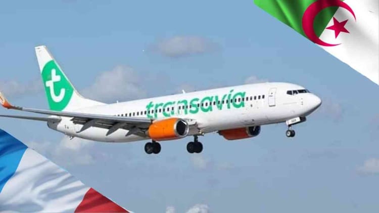 Avion Transavia avec drapeaux algérien et français en vol.