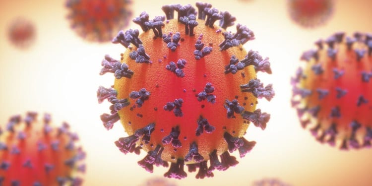 Représentation 3D du virus COVID-19 avec protéines spike.