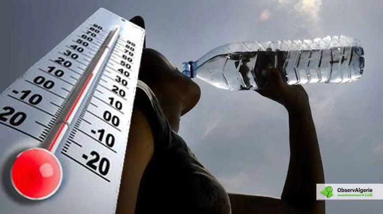 Canicule exceptionnelle dans 3 wilayas Personne buvant de l'eau sous un thermomètre chaud en plein soleil.