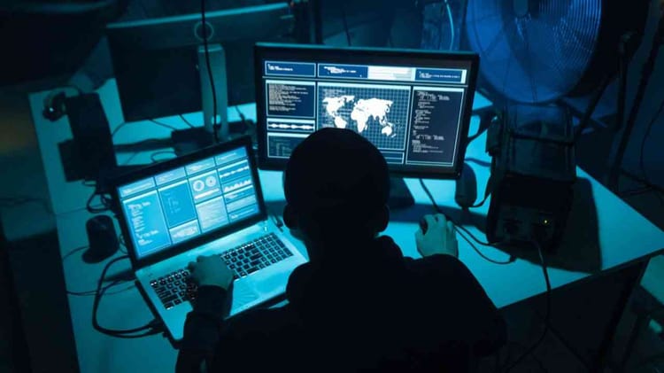 Hacker en action devant plusieurs écrans affichant des données mondiales.