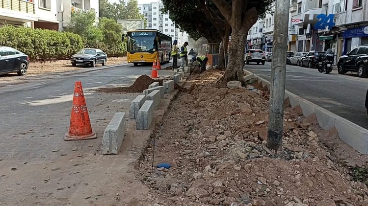 Travaux de réfection des trottoirs avec des ouvriers et des barrières de sécurité.