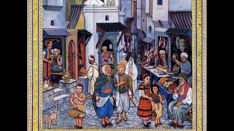 Algérie : L’école algérienne de l’enluminure et de la miniature fondée par les frères Racim Scène de marché colorée dans une ville algérienne avec des marchands et des habitants.