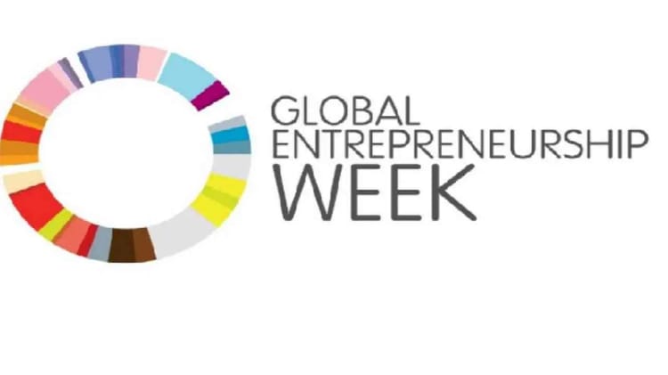 Logo de la Semaine mondiale de l'entrepreneuriat avec un cercle coloré.