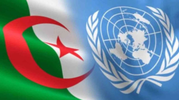 Drapeau de l'Algérie et logo des Nations Unies côte à côte.