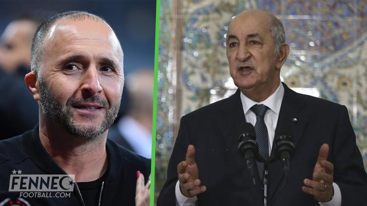 Portraits de l'entraîneur d'Algérie et du président Tebboune lors d'une conférence.