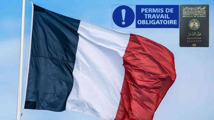 Drapeau français avec symbole de permis de travail obligatoire.