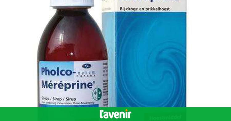 Bouteille de Pholco Méperine avec boîte de médicament à côté.