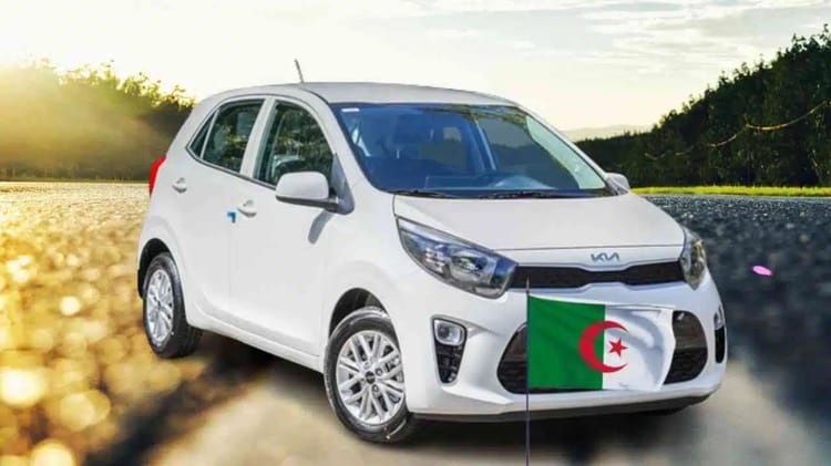 Importation automobile en Algérie : 80 % de réduction des taxes douanières Kia Picanto 2023 blanche avec drapeau algérien en fond.