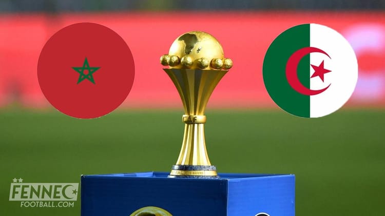CAN, Algérie, Maroc : Enfin, le lieu du match retour des Fennecs connu Drapeaux du Maroc et de l'Algérie avec trophée de football.