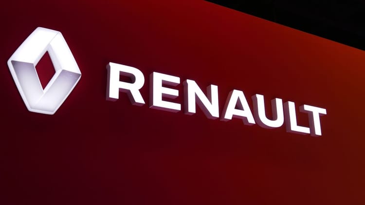 Logo Renault sur fond rouge, symbole de la marque automobile.