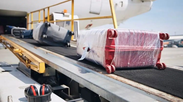 Bagages en transit sur un tapis roulant à l'aéroport.