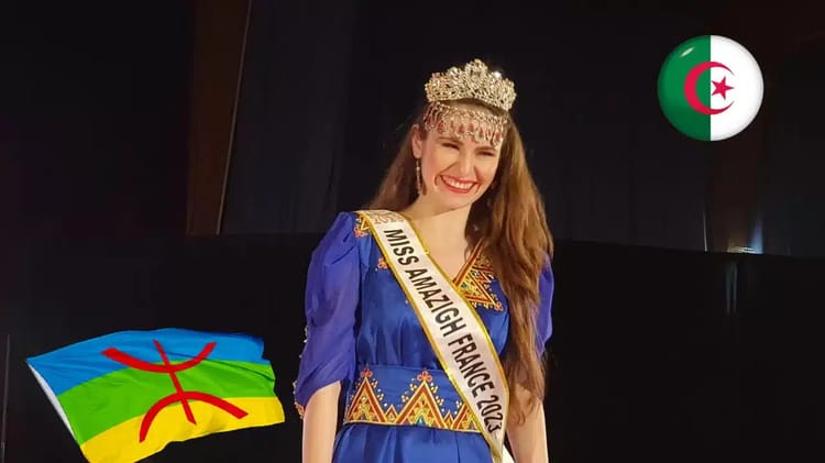 Miss Amazigh en France : une Algérienne couronnée pour la 1er édition Jeune femme couronnée Miss Amazigh France 2023 avec sash et couronne.