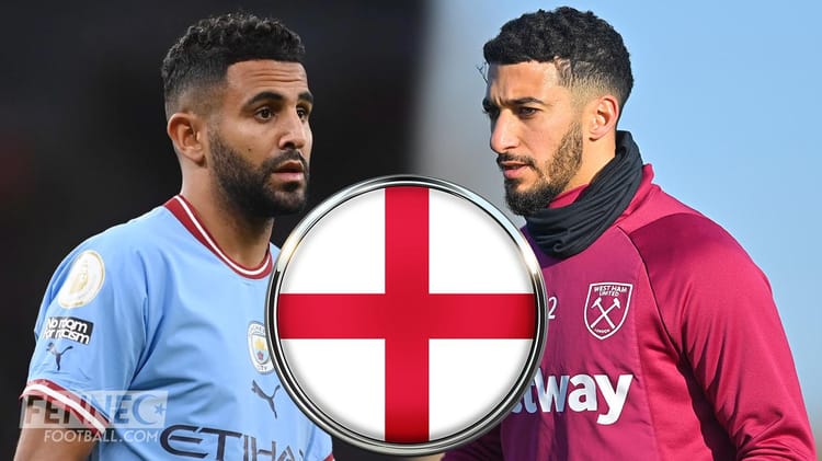 Ramadan : la décision de l’Angleterre concernant Mahrez et Benrahma Mahrez et Benrahma lors d'un match de football avec le drapeau anglais en arrière-plan.