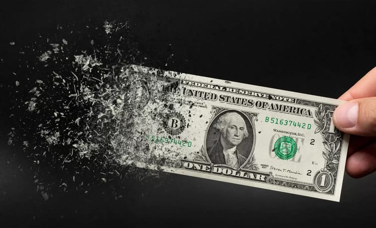 Billet de dollar américain qui se désintègre dans la main.