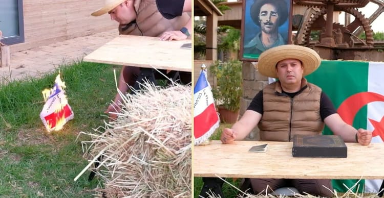 Etrange. Après avoir brulé le drapeau français, le proprio de la ferme pédagogique d’Alger lance un appel à Tebboune Homme avec un drapeau algérien et un portrait de Che Guevara.
