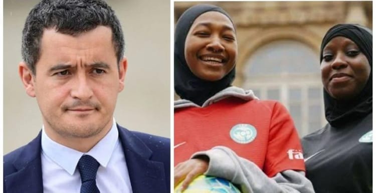Le ministre français Gérald Darmanin « très opposé » au port du hijab sur les terrains de foot Gérald Darmanin et deux femmes en tenue sportive avec hijab.