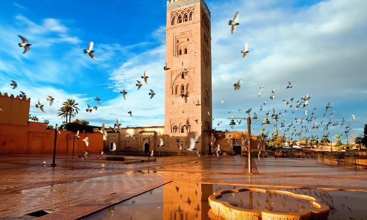 Minaret de la Koutoubia à Marrakech, Maroc, avec oiseaux dans le ciel bleu.