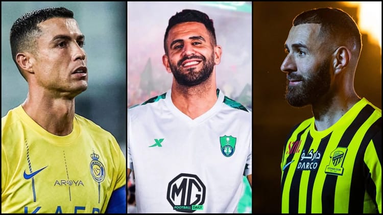 Trois stars du football avec leurs maillots, salaires élevés.