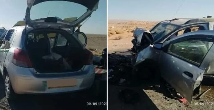 Drame à Laghouat : 7 morts dans un terrible accident de la route Deux voitures endommagées après un accident dans le désert.