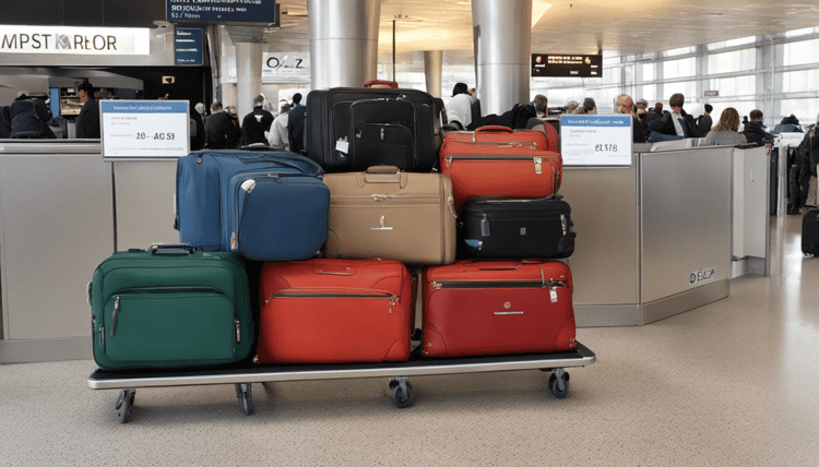 Bagages colorés sur un chariot à l'aéroport international.