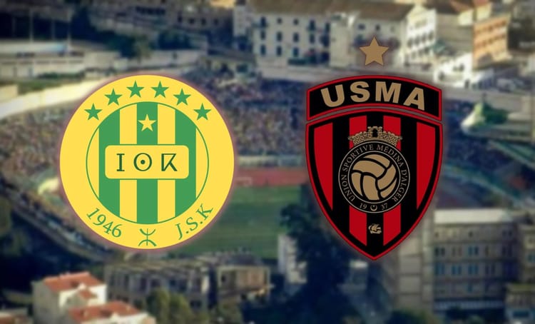 Logos de USMA et JS Kabylie pour le match de football en Algérie.