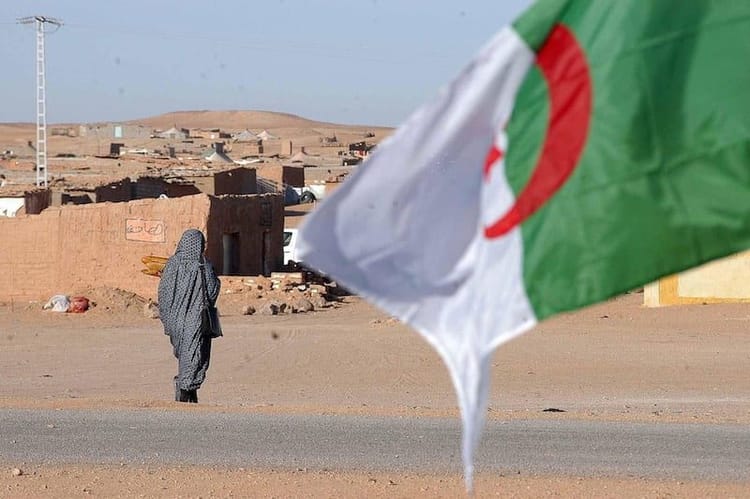 Drapeau algérien flottant dans le désert avec un homme en arrière-plan.