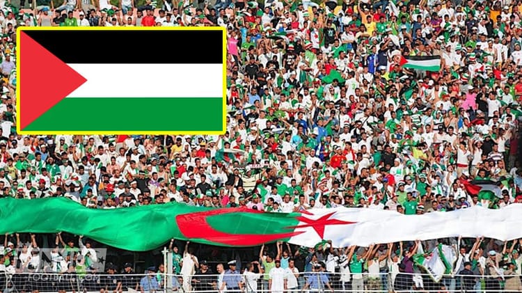 Foule de supporters avec drapeaux palestiniens et algériens.