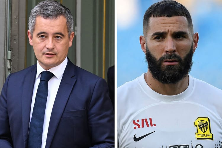 Karim Benzema en tenue de football, visage sérieux, contexte sportif et polémique.