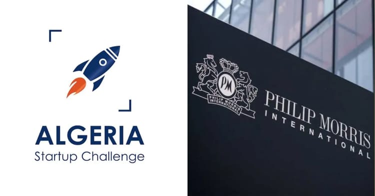 Algeria Startup Challenge 2023: Philip Morris Algérie brille de mille feux Logo du Défi Startup Algérie 2023 avec fusée et texte.