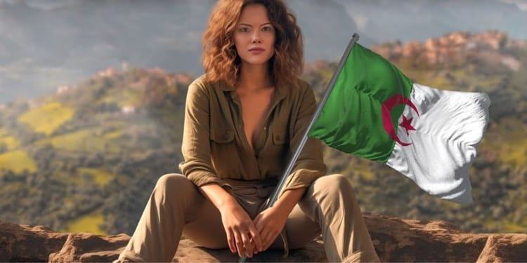 FitClaire, l'influenceuse Française qui conquiert Alger avec le Haïk Femme avec drapeau algérien dans un paysage naturel.