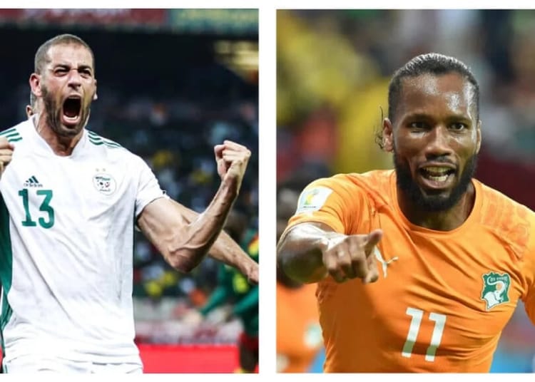Slimani et Drogba en action lors d'un match de football.
