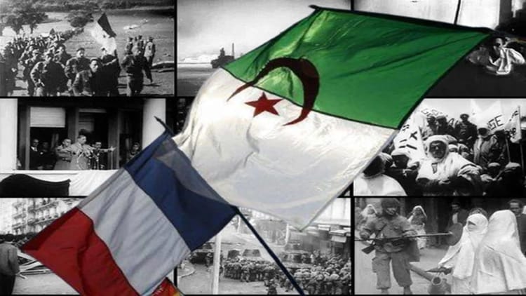Drapeau algérien flottant avec photos historiques en arrière-plan.