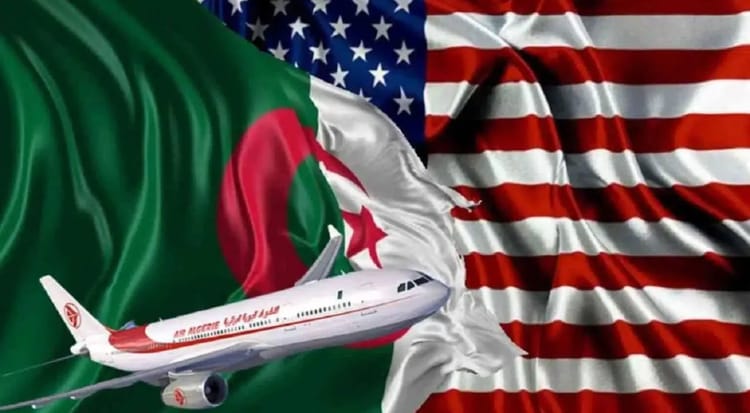 Avion sur fond de drapeaux d'Algérie et des États-Unis.