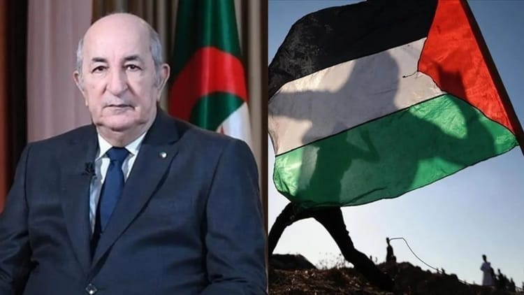 Tebboune avec drapeau palestinien en arrière-plan.