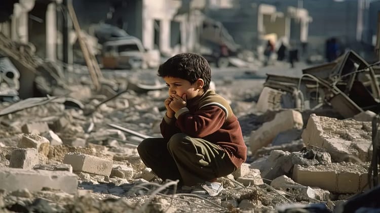 Enfant palestinien assis parmi les débris, cherchant sa mère.